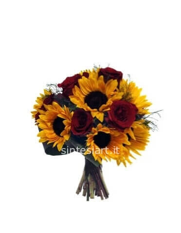 Bouquet di girasoli e rose rosse